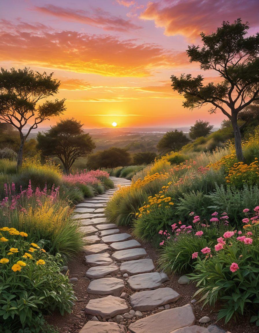 A serene and inspiring landscape with a winding path leading towards a sunrise, symbolizing personal growth. Incorporate vibrant, flourishing plants along the path with diverse figures engaged in various lifestyle activities like meditation, fitness, and reading. The sky should be a blend of warm colors to evoke positivity and motivation. super-realistic. vibrant colors. natural scenery.