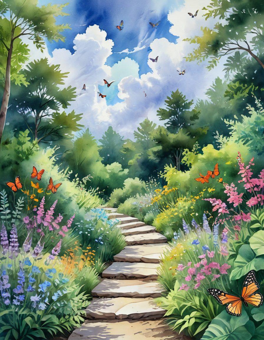 A serene landscape depicting a winding path through lush greenery, symbolizing a journey of wellness and personal growth. Along the path, include diverse individuals practicing yoga, meditating, and journaling, radiating joy and tranquility. The sky is bright and inviting, suggesting adventure and possibility. Add elements like blooming flowers and butterflies to emphasize a connection with nature. watercolor painting. vibrant colors. soft focus.