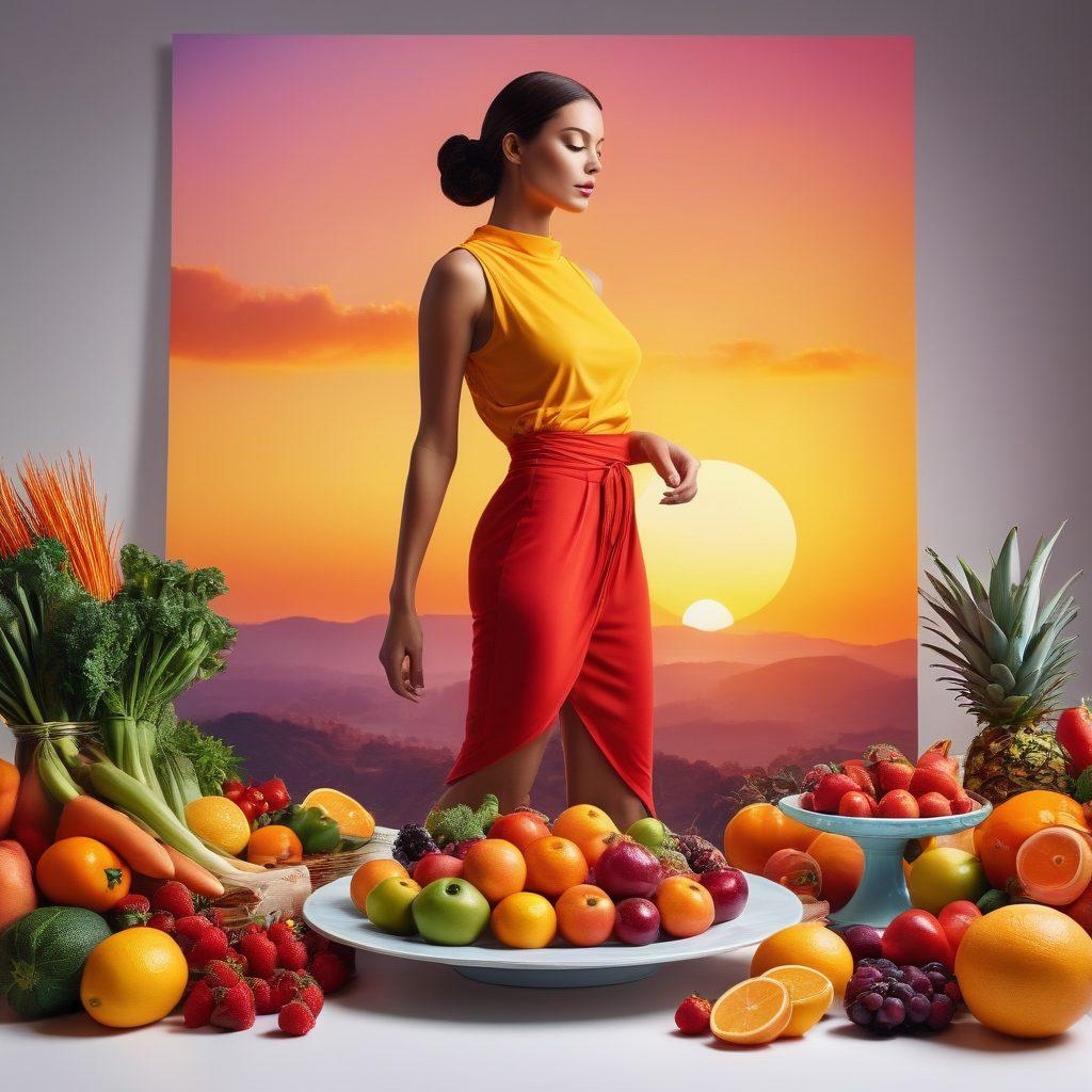 A vibrant collage showcasing a stylish outfit on a mannequin, a plate of colorful, healthy food, and an athlete in motion, all symbolizing the essence of fashion, food, and fitness. The background features an uplifting sunrise to symbolize a fulfilling journey. The overall ambiance is cheerful and inspiring, inviting readers to explore their passions. super-realistic. vibrant colors. 3D.